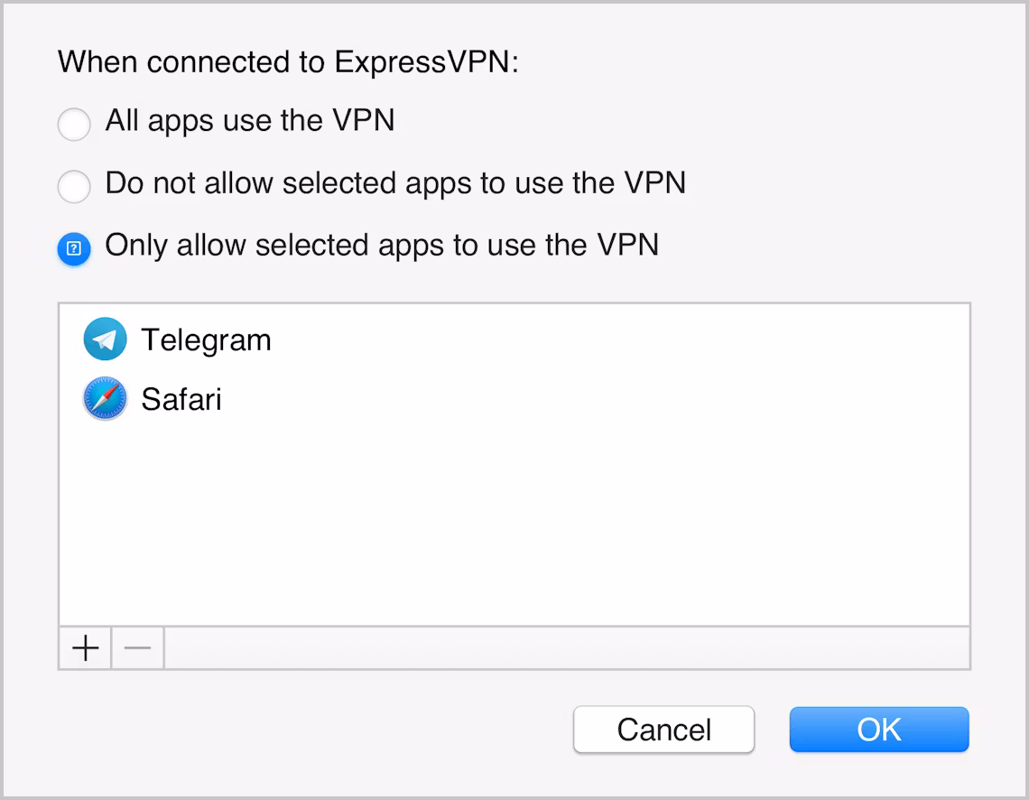 Mac版ExpressVPNアプリのインターフェイス。選択したアプリのみがVPNで保護されていることがわかる。