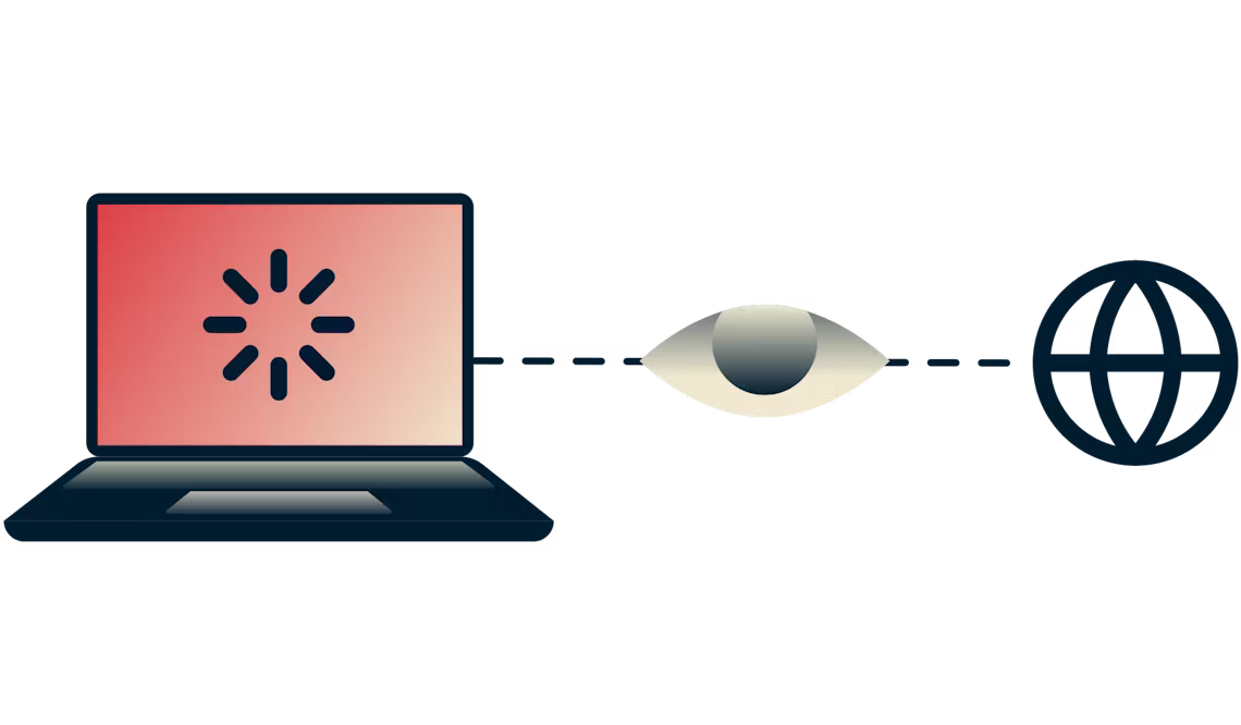 Un portatile in buffering collegato a internet con un occhio che domina la connessione.